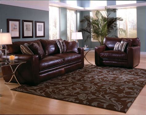 Living Room, Brown Area Rug Pattern Modern Brown Leather 2 Seater Sofa ...