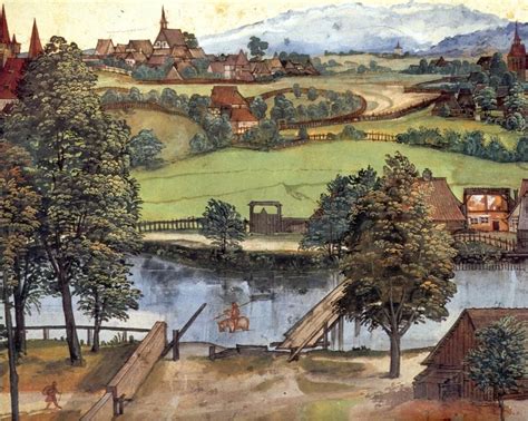 durer, landscape, water, trees, mountain, hill, village, scene | Art ...