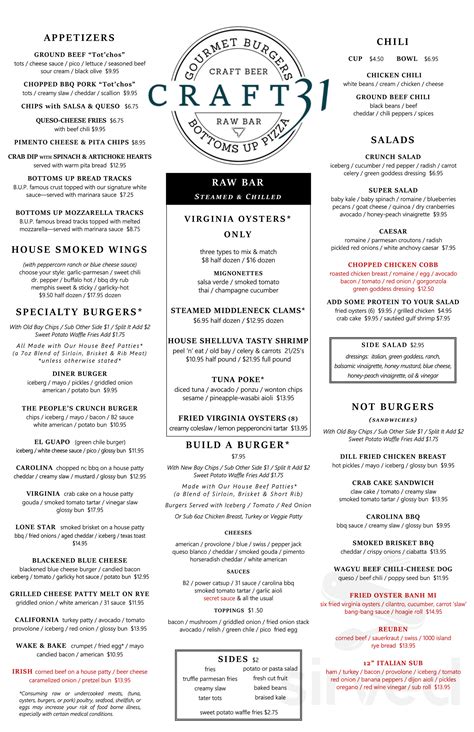 Craft 31 menus in Williamsburg, Virginia, United States