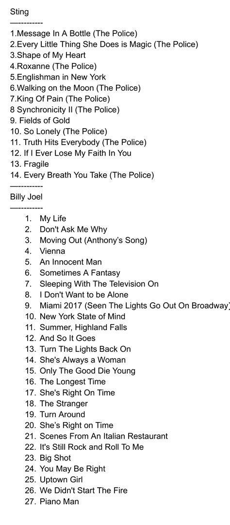 Ideal Setlist for Billy Joel/Sting concert : r/BillyJoel