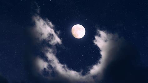 Full moon Wallpaper 4K, Clouds, Night, Starry sky