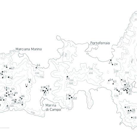 Map of Elba Island with contour-lines (according to Landi, 1989) and ...