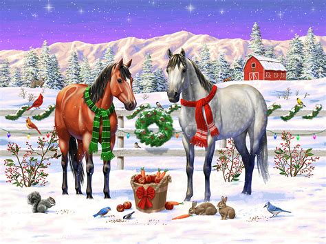 Christmas Horses Winter Farm Scene Painting by Crista Forest - Pixels