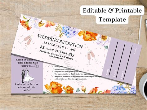 Pink and Purple Ticket, Wedding Raffle Ticket Template, Editable Ticket Template, Event Ticket ...