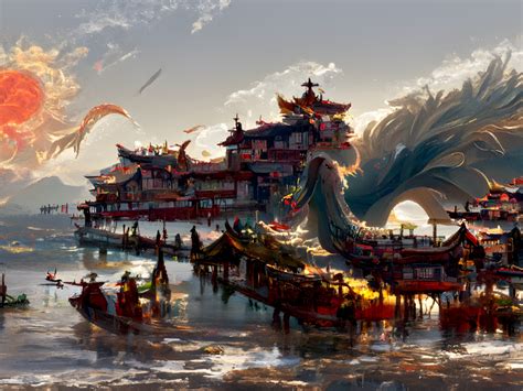 Wallpaper china's ancient town, dragon, fantasy, art desktop wallpaper ...