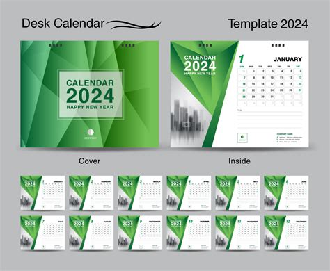 Desk Calendar 2024 template set and polygon green cover design, Set of 12 Months, creative ...