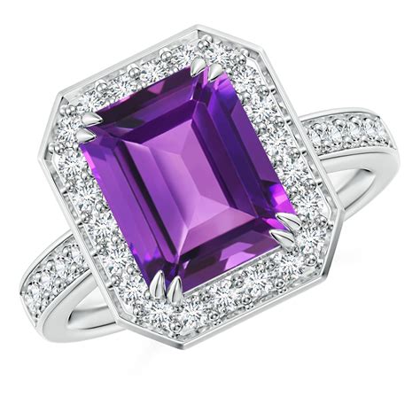 Emerald-Cut Amethyst Engagement Ring with Diamond Halo | Angara
