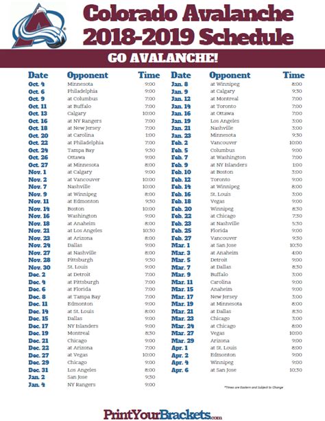 Colorado Avalanche Schedule Printable - Printable Schedule