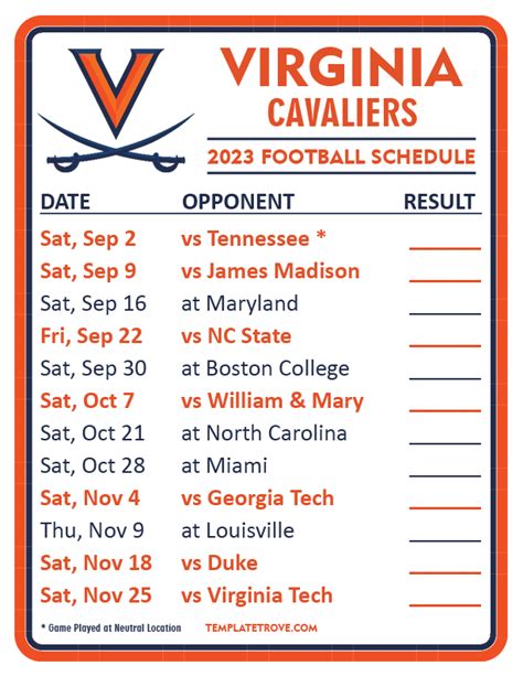 Printable 2023 Virginia Cavaliers Football Schedule