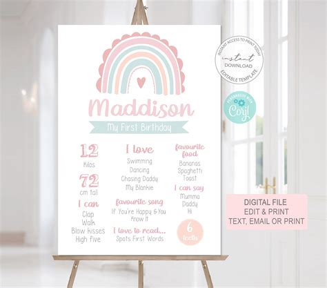 Pastel Rainbow Milestone Poster • Editable Template • 1st Birthday ...