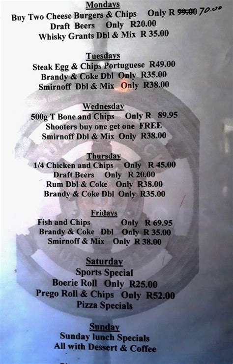 Menu at Quarterdeck Pub and Restaurant, Benoni