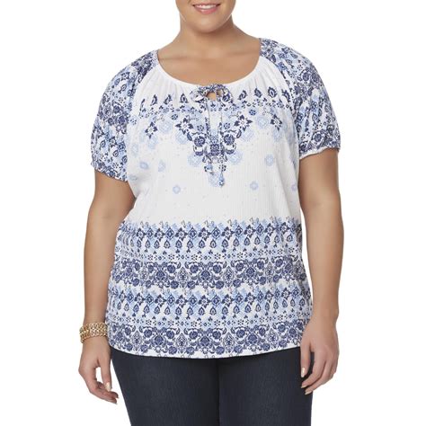 Basic Editions Plus Size Women's Plus Keyhole Peasant Top - Floral, Size: 3XL, Blue Bell ...