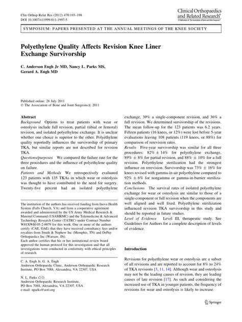 (PDF) Polyethylene Quality Affects Revision Knee Liner Exchange Survivorship