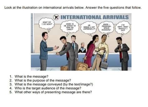 Look at the illustration on international arrivals below. Answer the five questions that follow ...