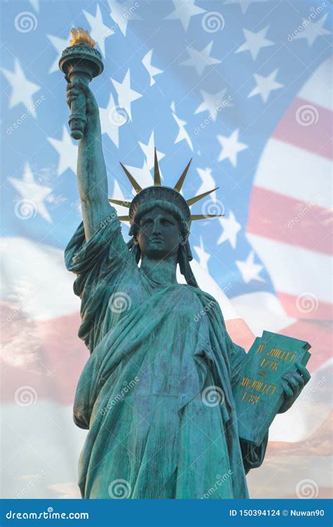 Statue of Liberty with American Flag Double Exposure Stock Photo ...