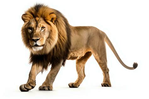 Side view of a Lion walking, looking at the camera, Panthera Leo, 10 years old, isolated on ...