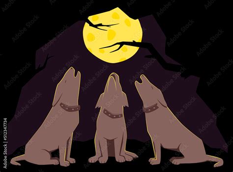 Three dogs howling at the moon, dark night, full moon, vector ...