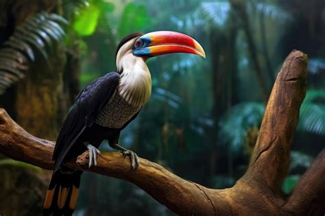 Premium AI Image | Hornbill perched on a branch in lush rainforest setting created with ...