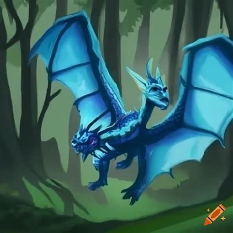 Blue dragon flying over a forest on Craiyon