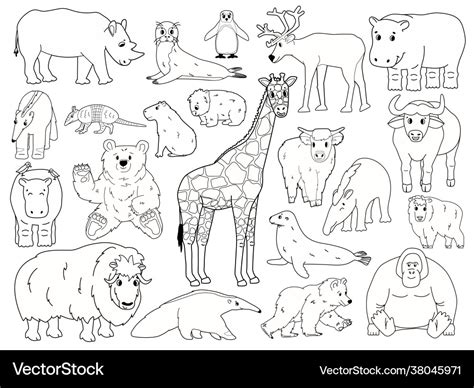 Set doodle animals outline cartoon Royalty Free Vector Image