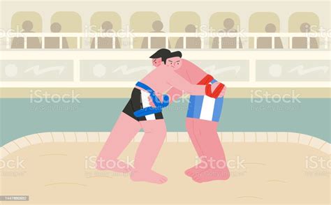 Korean Traditional Martial Arts Two Wrestlers Are Ssireum On The Sand Stock Illustration ...