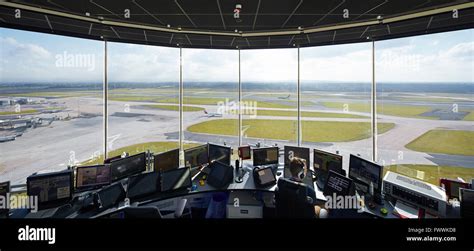 Panoramic view through airport control tower. Manchester Airport ...