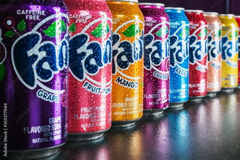 Moscow, Russia-September 6, 2018: cans of Fanta drink of different flavors in stock.Fanta non ...