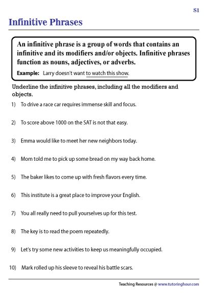 Infinitive Phrase Worksheets