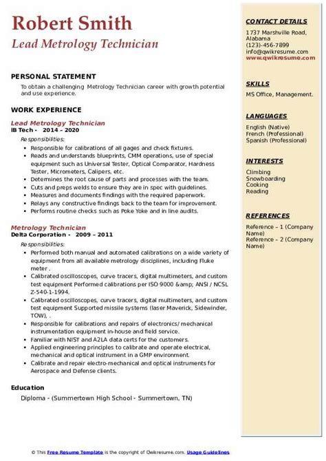 Metrology Technician Resume Samples | QwikResume