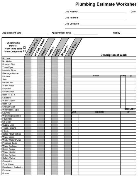 Plumbing Estimate Construction Worksheet | Estimating Plumbing Construction