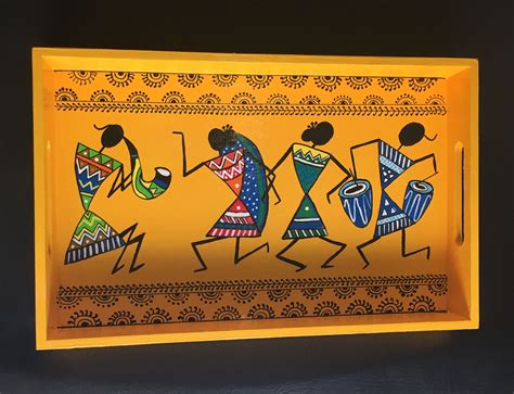 Hand Painted Warli Art on Wooden Tray Size : 12.5" X 7.75" X 1.5 ...