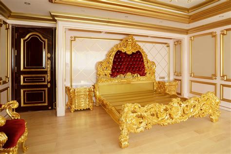 Luxury French Rococo Style Golden Solid Wood Bedroom Set Palace Royal 24k Gold Leaf Double Bed ...