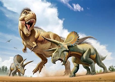 Tyrannosaurus Rex fighting with two Triceratops while