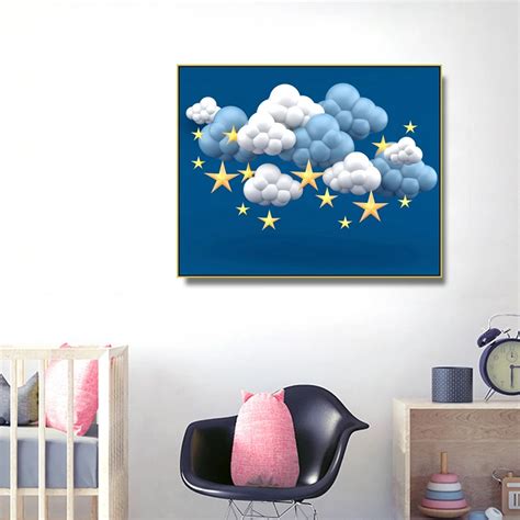 Starry Night Cartoon Kids Wall Picture Poster Print Star Cloudy Baby ...