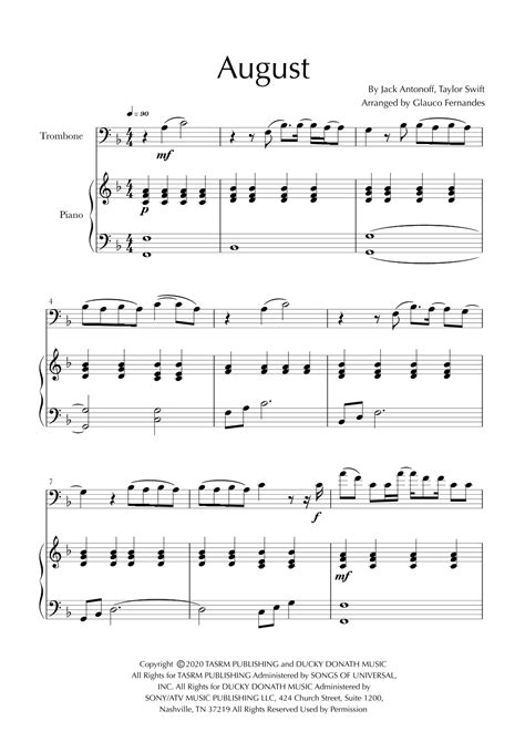 August Sheet Music | Taylor Swift | Trombone and Piano