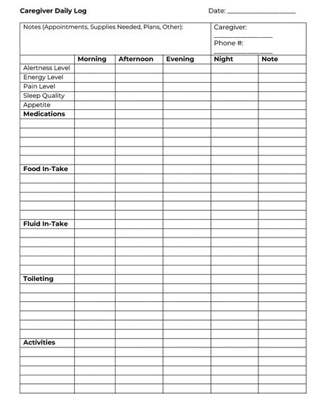 Printable Caregiver Daily Log Sheet