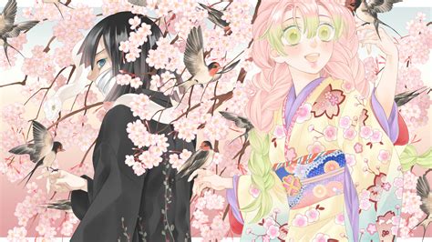 Demon Slayer Mitsuri Kanroji Obanai Iguro Around Flowers Birds And Snake HD Anime Wallpapers ...