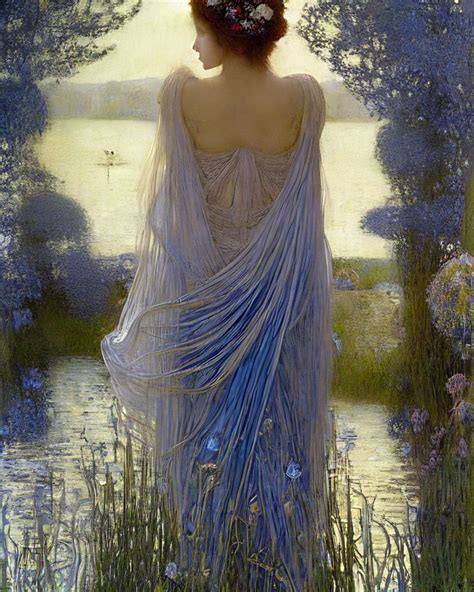 a painting of a woman in a blue dress by the water with flowers on her head