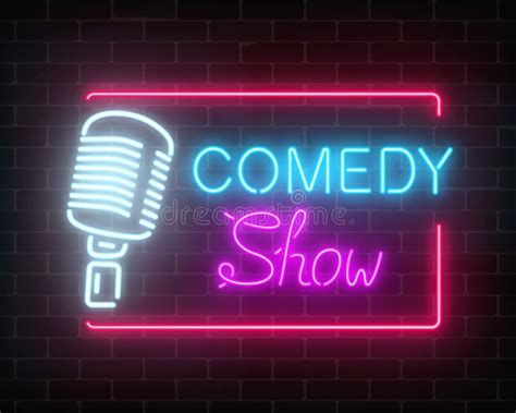 Neon Comedy Show Sign with Retro Microphone on a Brick Wall Background ...