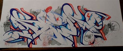 graffiti on a white wall with red and blue spray paint