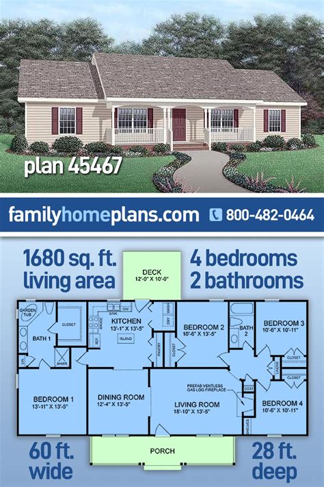 Plan 45467 | 4 Bedroom Classic Ranch House Plan With Covered Porc