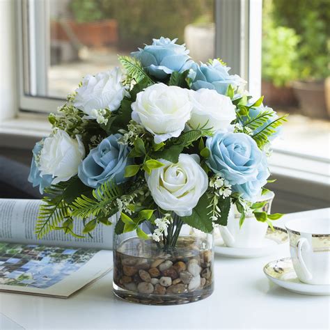 Enova Home 18 Heads Cream Blue Rose Silk Flowers Arrangement in Clear Glass Vase with River Rock ...