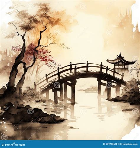 Bridge in Chinese Brush Painting (generative AI) Stock Illustration ...