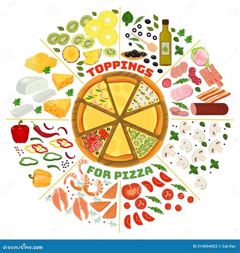 Pizza Topping Ingredients Cartoon Collection, Vector Illustration. Pizza On Wooden Tray ...