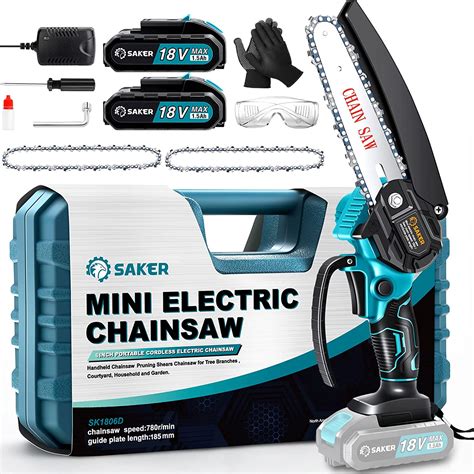 Saker Mini Chainsaw with Battery, 6 Inch, Cordless Electric with 2 Chains and 2 Batteries, 15 cm ...