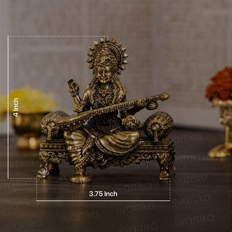 Goddess Saraswati Playing Veena on Singhasan Brass Idol | 4 Inch