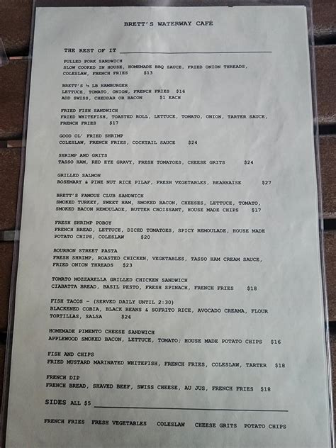 Menu at Brett's Waterway Cafe, Fernandina Beach