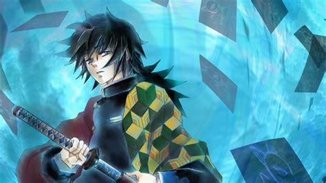 Demon Slayer Giyuu Tomioka With Sword With Background Of Blue And ...