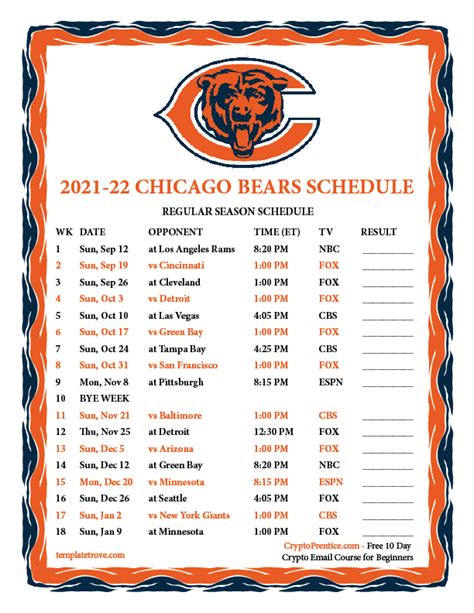 Printable 2021-2022 Chicago Bears Schedule