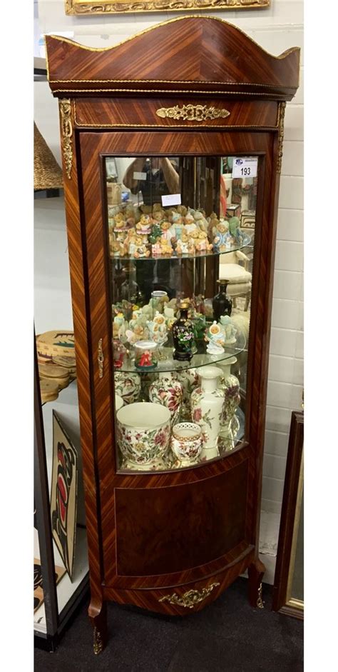 FRENCH ANTIQUE INSPIRED CORNER CURIO CABINET, WITH GLASS SHELVES AND MIRROR BACK INCLUDES KEY